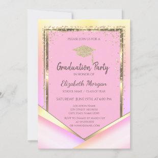 Glitter Gold Diamonds Pink Graduation  Invitation