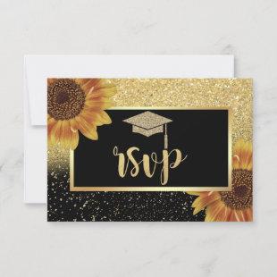 Glitter Gold Grad Cap, Sunflowers Graduation Party RSVP Card