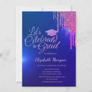 Glitter Grad Cap,Colorful Drips Blue Graduation Invitation