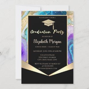 Glitter Grad Cap,Colorful Marble Graduation Invitation