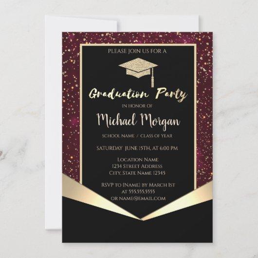 Glitter Grad Cap,Confetti Burgundy Graduation  Invitation