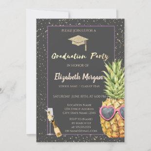 Glitter Grad Cap,Confetti,Wine,Cool Pineapple  Invitation