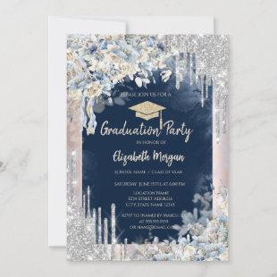Glitter Grad Cap,Drips,Flowers,Navy Blue Invitation