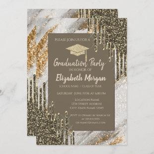Glitter Grad Cap,Gold Drips,Glitter Graduation Invitation