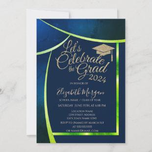 Glitter Grad Cap Navy Blue Green Frame Graduation Invitation