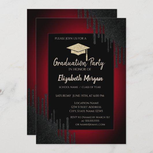 Glitter Graduation Cap,Black Drips Dark Red  Invitation