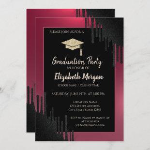 Glitter Graduation Cap,Black Drips Red Invitation