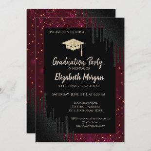 Glitter Graduation Cap,Confetti Black Drips Red  Invitation