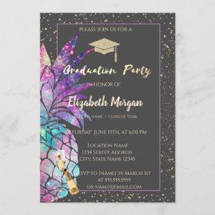 Glitter Graduation Cap,Confetti,Wine, Pineapple Invitation