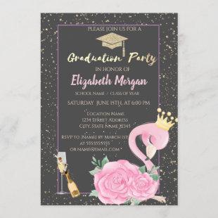 Glitter Graduation Cap,Confetti,Wine,Pink Flamingo Invitation