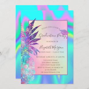 Glitter Graduation Cap, Pineapple Holographic Invitation