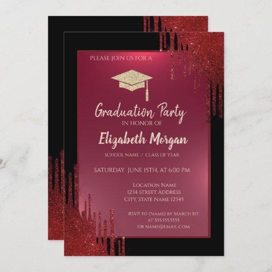Glitter Graduation Cap,Red Drips Black Graduation  Invitation