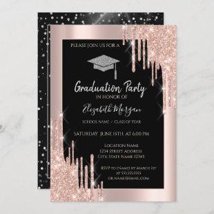Glitter Graduation Cap,Rose Gold Drips,Black Invitation
