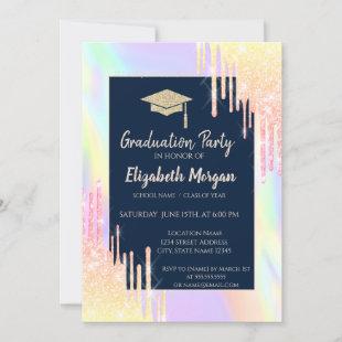 Glitter Graduation Cap,Rose Gold Drips,Navy Blue Invitation