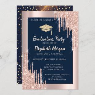 Glitter Graduation Cap,Rose Gold Drips,Navy Blue Invitation