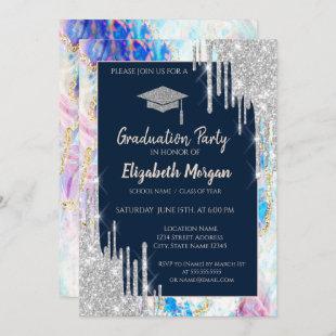 Glitter Graduation Cap,Silver Drips,Opal,Navy Blue Invitation