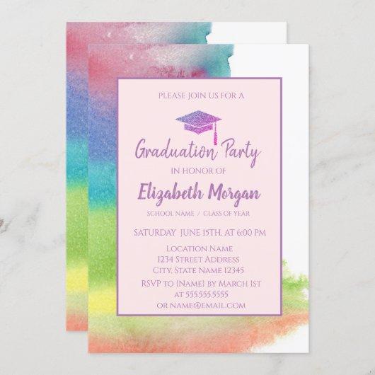 Glitter Graduation Cap,Watercolor Splash Invitation