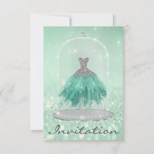 Glitter Mint Green Blue Diamond Dress Sweet 16th Invitation
