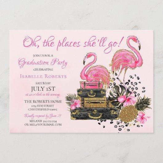 Glitter Pink Flamingo Cheetah Graduation Party Invitation