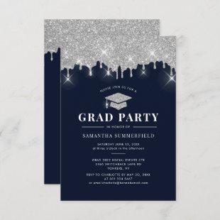 Glitter Silver Drip Cap Graduation 2022 Grad Party Invitation