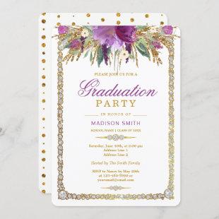 Glitter Watercolor Flowers Bling Grad Party Invitation