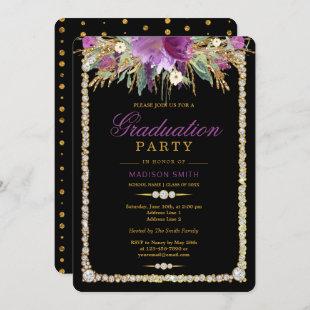 Glitter Watercolor Flowers Diamonds Grad Party Invitation
