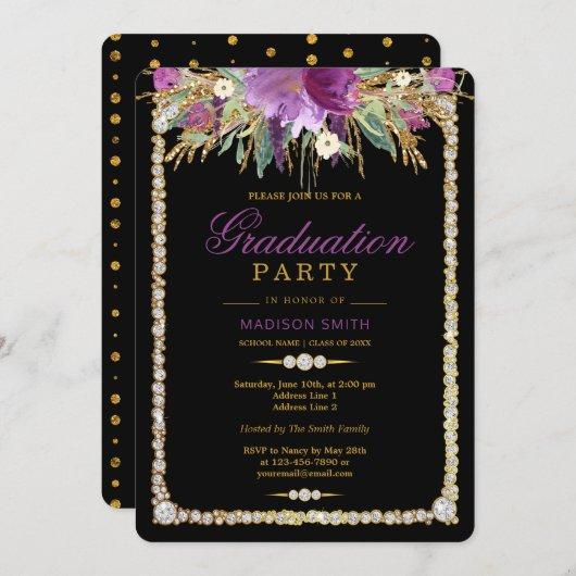 Glitter Watercolor Flowers Diamonds Grad Party Invitation