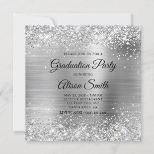 Glittery Silver Monogram Graduation Party Invitation