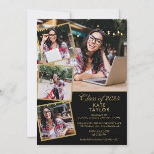 Gold And Black 5 Photo Collage Graduation Party Invitation