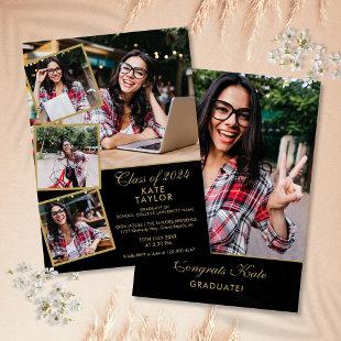 Gold And Black 5 Photo Collage Graduation Party Invitation