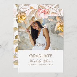 Gold and Blush Floral Watercolor Photo Graduation Invitation