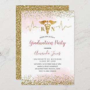 Gold and Pink RN Nurse Graduation Party Invitation
