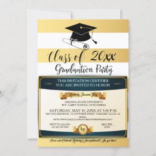 Gold and White Stripes Graduation Party Class of Invitation