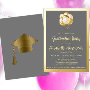 Gold Balloons Graduation Party  Foil Invitation