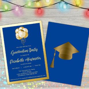 Gold Balloons on Blue Graduate Party  Foil Invitation