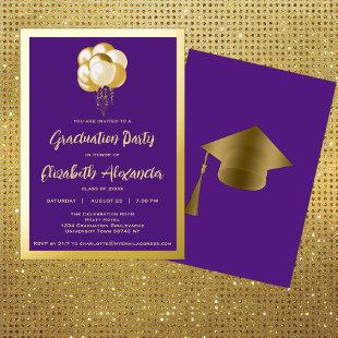 Gold Balloons Purple Graduation Party Foil Invitation