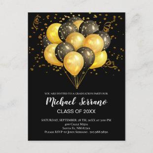 Gold Black Balloons And Confetti Graduation Party Invitation Postcard