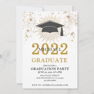 Gold Black Glitter Grad Cap Party Invitation