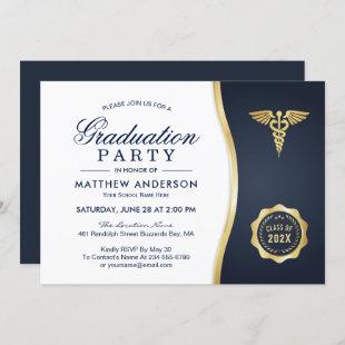 Gold Blue Caduceus Medical School Graduation Party Invitation