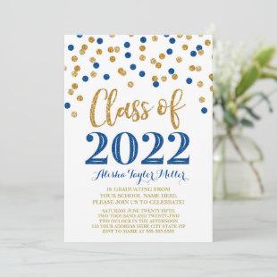 Gold Blue Glitter Confetti Graduation Party 2022 Invitation