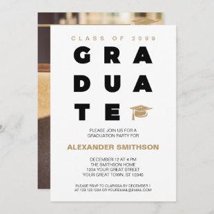 Gold Bold GRADUATE Letters and Cap Graduation Invitation