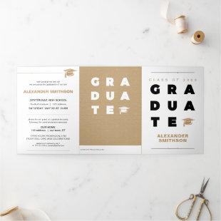 Gold Bold GRADUATE Letters and Cap Graduation Tri-Fold Announcement