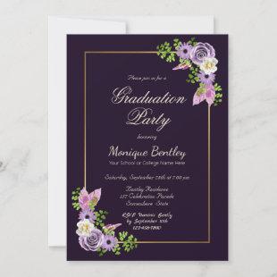 Gold Border Lavender Floral Purple Graduation Invitation