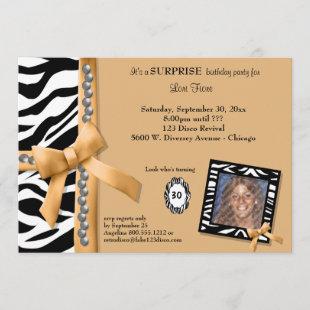 Gold Bow And Zebra Striped Birthday Party Invite