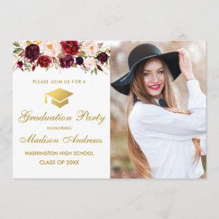 Gold Burgundy Floral Photo Graduation Party Invite