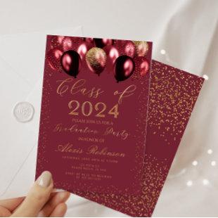 Gold burgundy glitter balloons graduation party invitation