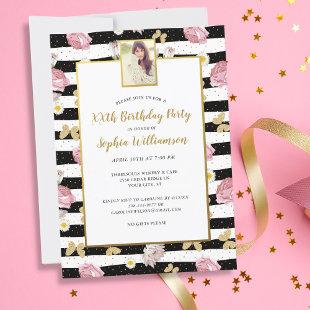 Gold Butterflies Floral Print Birthday Photo Party Invitation