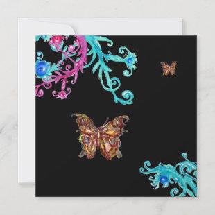 GOLD BUTTERFLY , bright pink  blue black Invitation