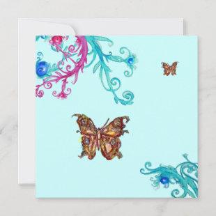 GOLD BUTTERFLY , bright pink  blue Invitation