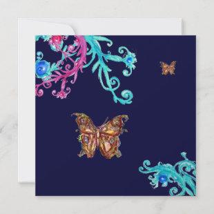 GOLD BUTTERFLY , bright pink  blue Invitation